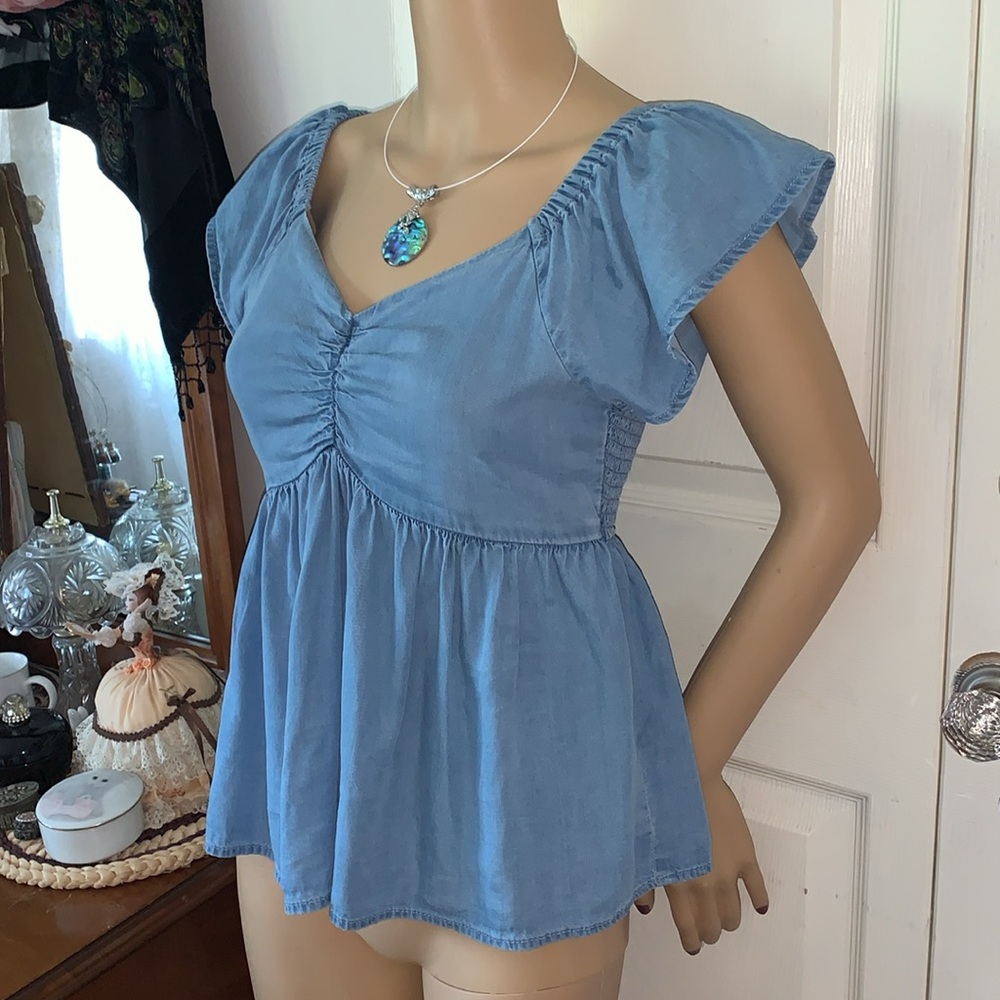 Cute Denim babydoll blouse top backless smocked empire jean top S